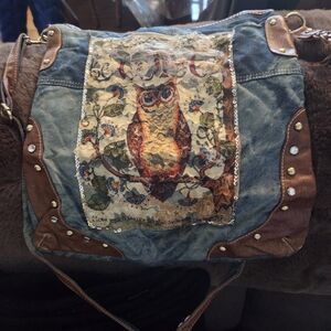 Owl Design Denim and Brown Leather Women's Bag